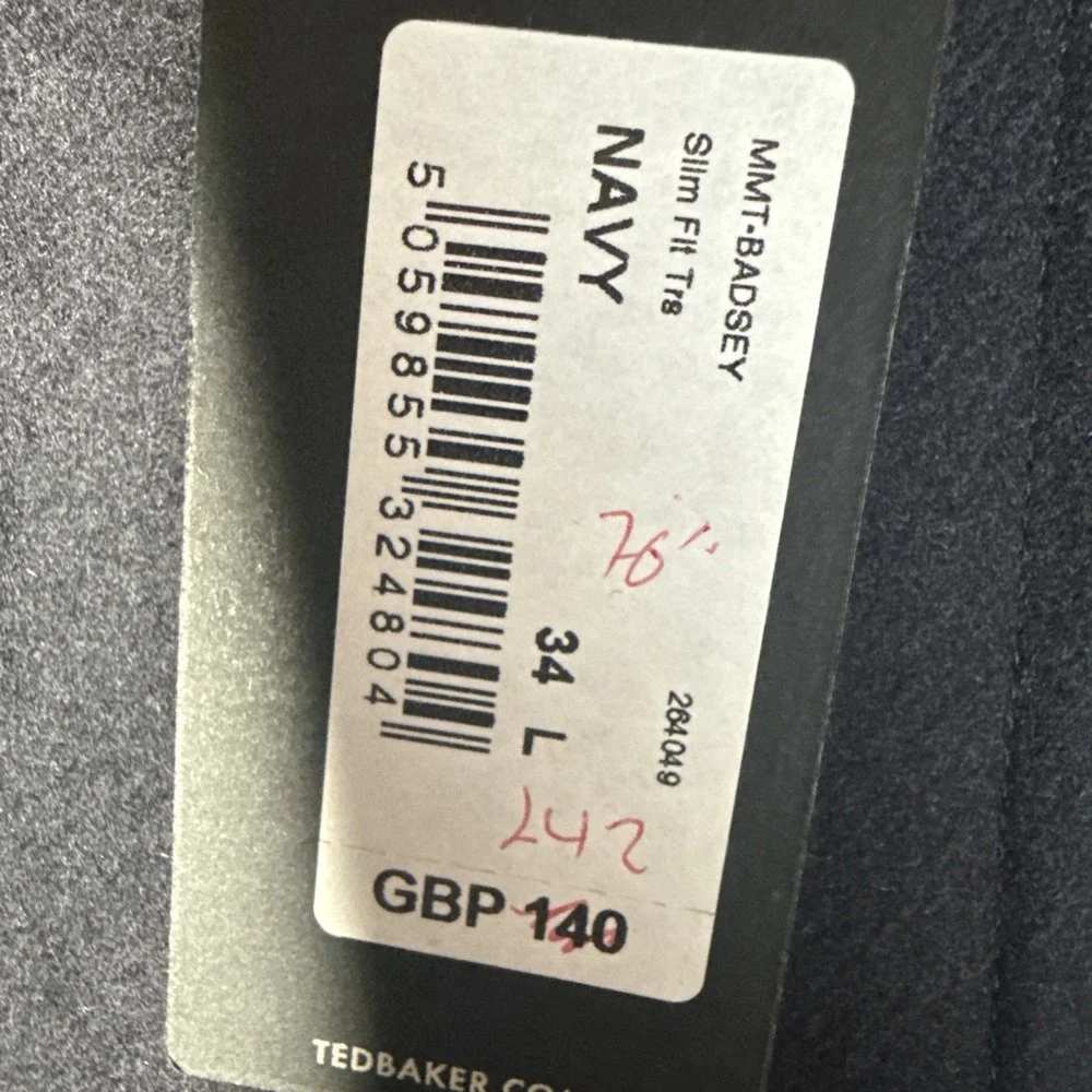TED BAKER Mens Slim Fit Badsey Virgin Wool‎ Blend Trousers Navy Blue 34 Long NWT